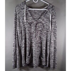 Chance Or Fate XL Gray Space Dye Studded LOVE V-Neck Hoodie Pullover Y2K Edgy